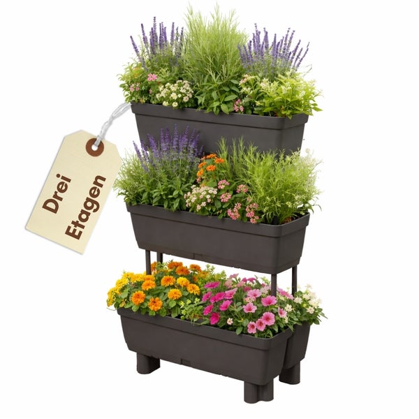 Dreistufige Pflanzentreppe mit bepflanzten Blumenkästen und Preisschild