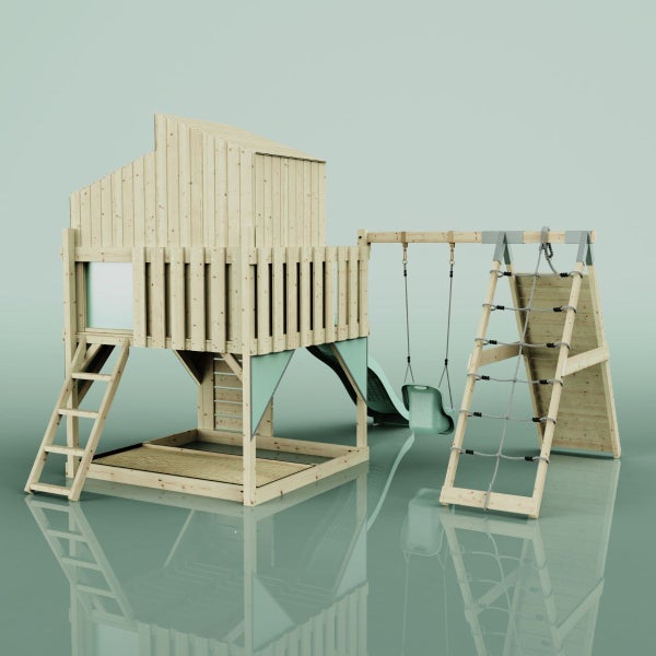 Spielturm mit Rutsche, Schaukel und Kletterwand aus Holz