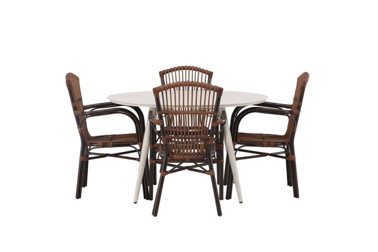 Gartentischset mit rundem Tisch und vier Korbsesseln