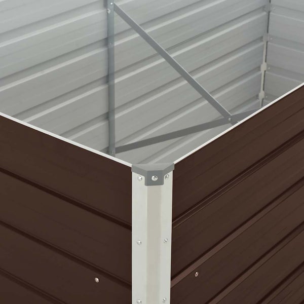 Detailansicht eines Garten-Hochbeets aus Metall mit stabiler Eckverbindung und innerer Kreuzverstrebung.