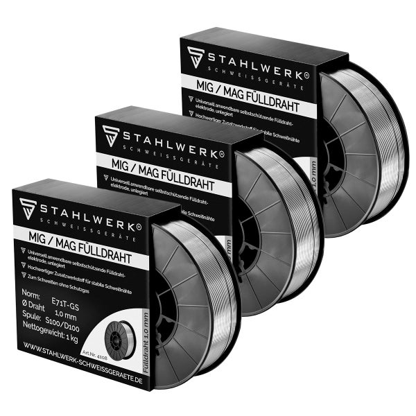 STAHLWERK 3 x Schweißdraht MIG MAG Fülldraht E71T-GS 1,0 mm S100/D100 1 kg