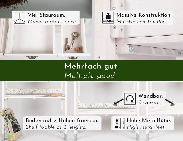 WONDERMAKE - Großer Pflanztisch weiß mit 3 Schubladen aus Holz wetterfest, Garten-Arbeitstisch XL für Outdoor draußen Balkon hochwertig, Gärtnertisch, weiß grau