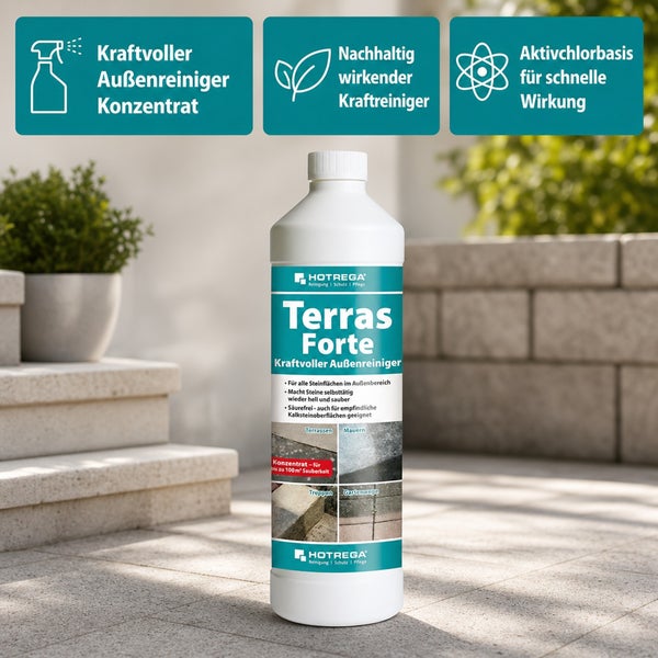 Hotrega Terras Forte Steinreiniger Konzentrat zur effektiven Reinigung von Steinoberflächen im Außenbereich für Terrassen, Mauern und Treppen.