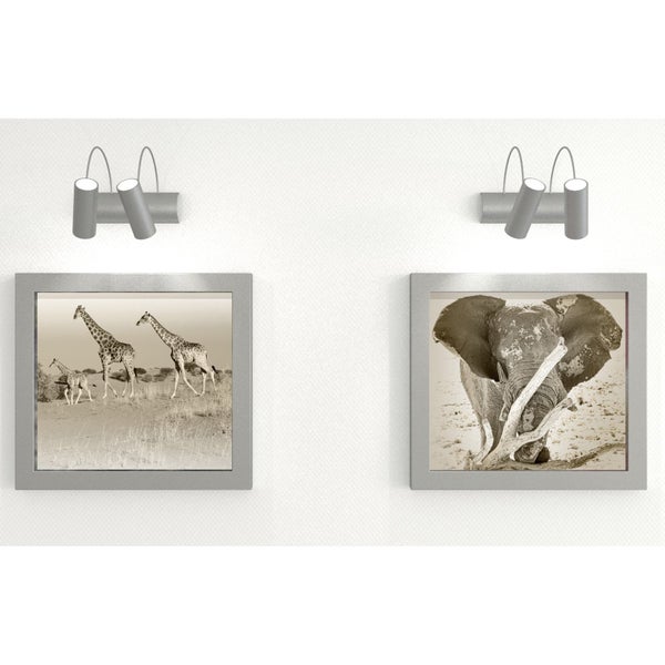 Dreiflammige graue Bilderleuchte über quadratischen Bilderrahmen mit Tierfotografien.