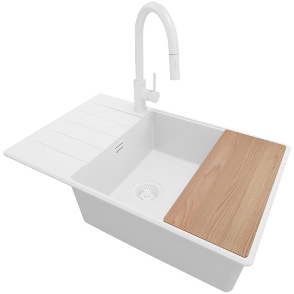 PRIMAGRAN Granitspüle Alles Weiß 78x50cm, Spülbecken 1 Becken + Küchenarmatur 40x20cm + Ablauf-Set + Schneidebrett, Küchenspüle ab 60er Unterschrank - Kopenhagen