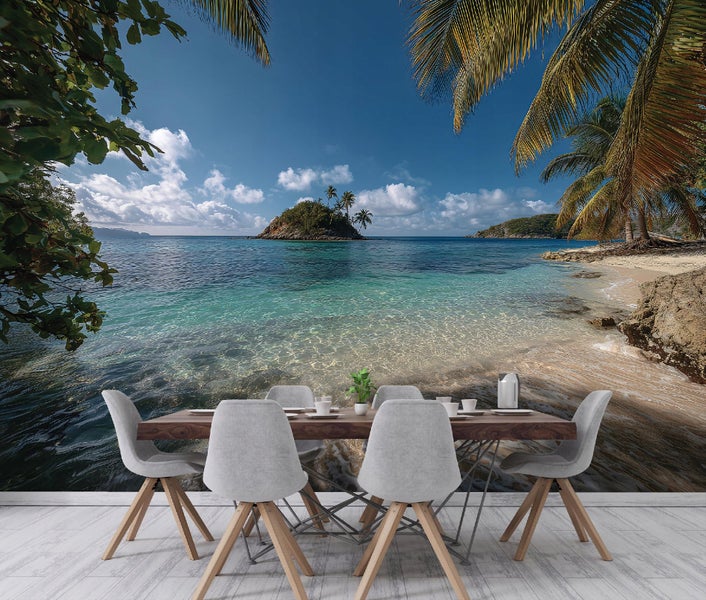 Fototapete mit tropischem Strandmotiv, inklusive Meer, Palmen und Insel