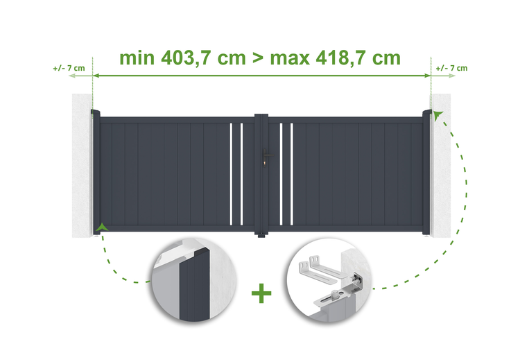 Illustration einer Gartentor-Montage mit Maßangaben