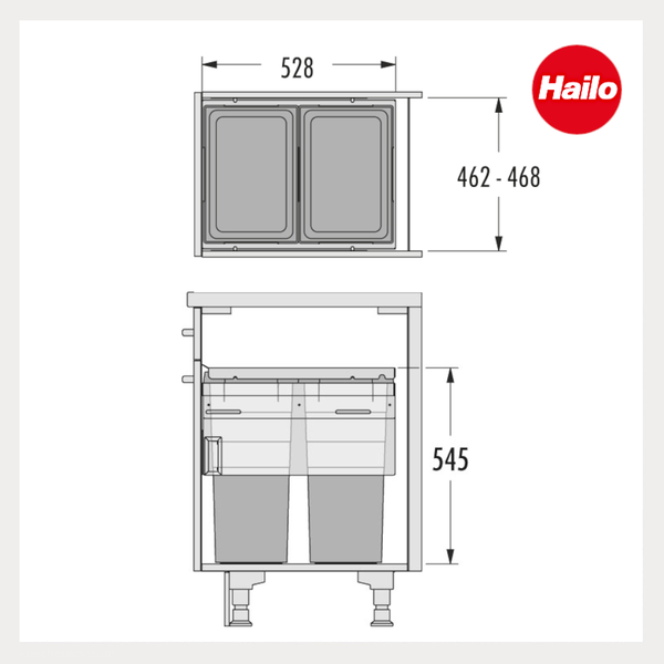 Maßzeichnung Hailo Mülltrennsystem mit zwei Eimern. Breite 528 Millimeter, Tiefe 462 bis 468 Millimeter, Höhe 545 Millimeter. Hailo Logo.