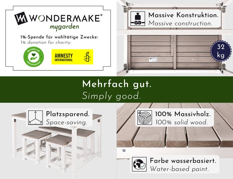 WONDERMAKE® Design Sitzgruppe Sitzgarnitur Holz mit Abdeckung Outdoor Garten Balkon 4 Personen Plätze, Essgruppe Möbel-Set Essgarnitur draußen außen, 4-teilig: Tisch Sitzbank Stühle Hocker, weiß grau