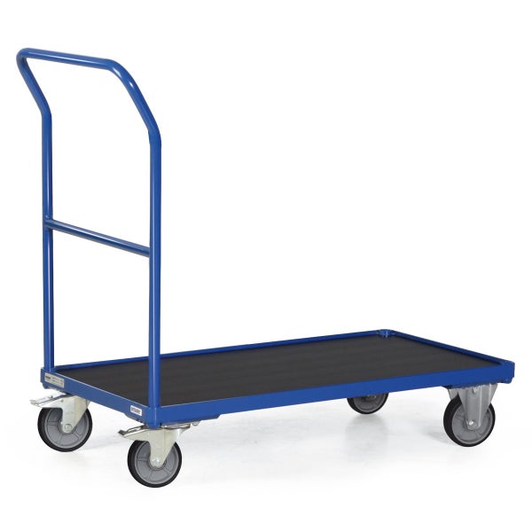 Blauer Plattformwagen mit Griff und vier Rädern