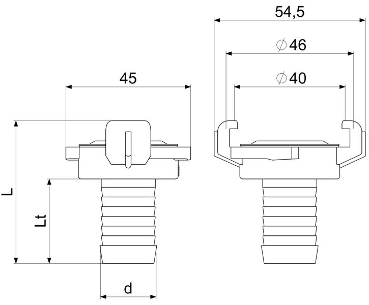 Technische Zeichnung einer Schlauchkupplung mit Maßangaben 45, 54,5 sowie Durchmessern von 40 und 46.