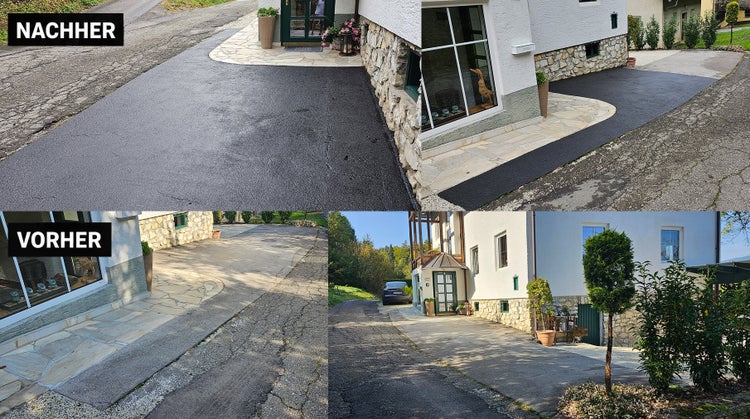Vorher-Nachher-Vergleich einer Einfahrtssanierung mit neuem, dunklem Asphaltbelag vor einem Wohnhaus.