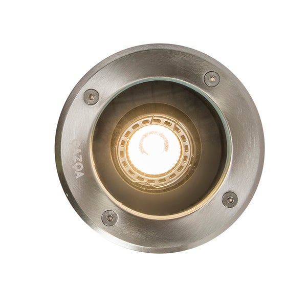 QAZQA runder Bodeneinbaustrahler aus Edelstahl mit vier Schrauben, Schutzglas und eingeschalteter Lichtquelle.