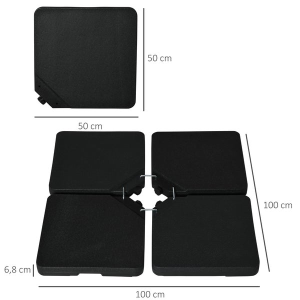 Schirmständer-Gewichtsplatten 4er-Set, schwarz, Kunststoff, Einzelplatte 50 mal 50 Zentimeter, Gesamtmaß 100 mal 100 Zentimeter, Höhe 6,8 Zentimeter.