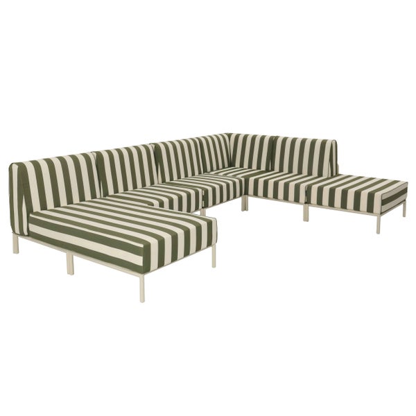 Modulares Garten-Ecksofa-Set mit grün-weiß gestreiften Polstern, bestehend aus mehreren Sitzmodulen und Metallgestell.