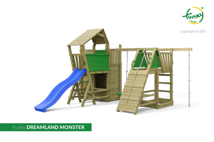 Holzspielturm Funky Dreamland Monster mit blauer Rutsche, Kletterrampe, Leiter, Schaukel und Kletterseil. Funky Combo Logo.