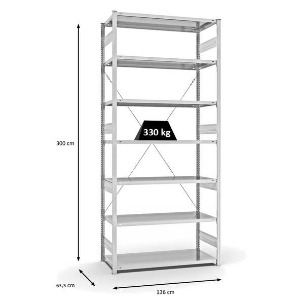 PROREGAL Fachbodenregal Stecksystem T-Profil Heavy-Duty Grundregal HxBxT 300 x 130 x 60 cm 7 Ebenen Fachlast 330 kg Einseitig Nutzbar Lichtgrau