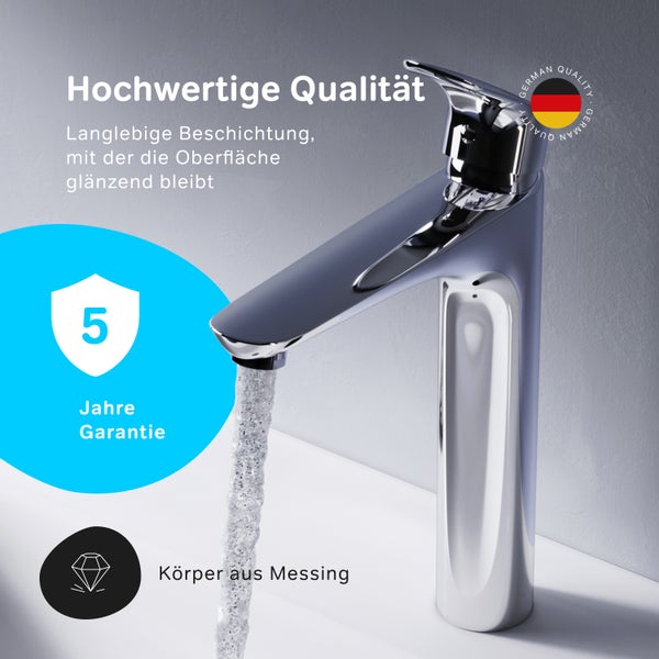 Moderne Waschtischarmatur aus Messing mit langlebiger Oberflächenbeschichtung und 5 Jahren Garantie.