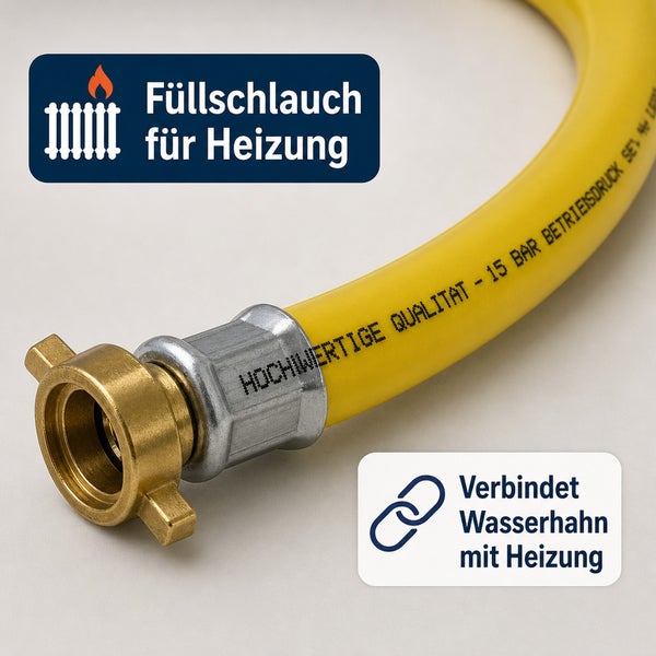 Füllschlauch für Heizung mit Metallanschluss für den Anschluss an Wasserhahn und Heizung bis 15 Bar Betriebsdruck.