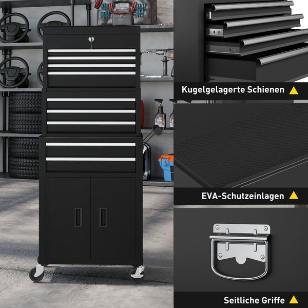 Werkstatt mit Werkzeugschrank, Werkzeugen und einem Mechaniker, der eine Kiste öffnet