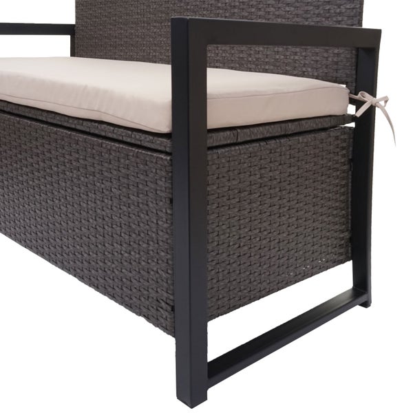 Gartenbank mit Aufbewahrungsbox aus Polyrattan, Metallgestell und Sitzauflage.