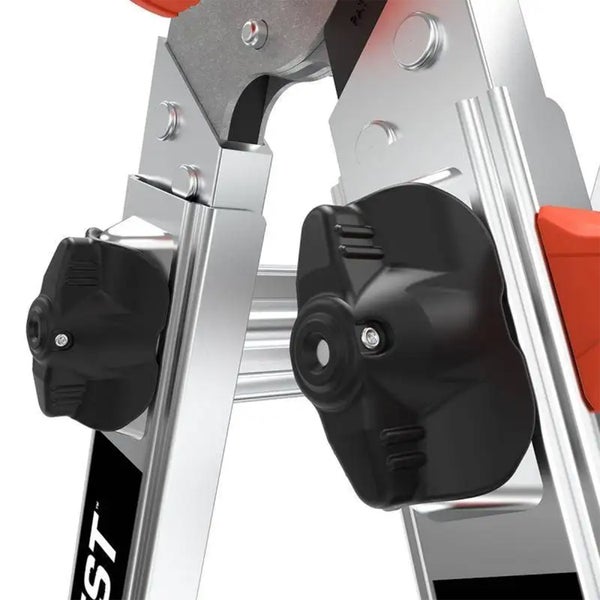 Nahaufnahme des Gelenk-Verriegelungsmechanismus einer Aluminiumleiter mit schwarzen Kunststoffknöpfen.