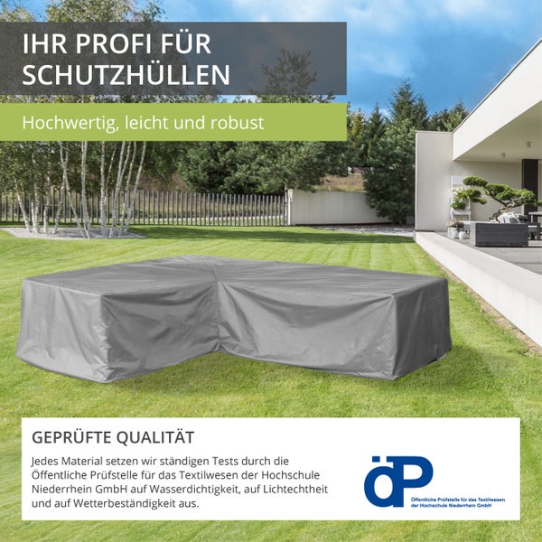 Mehr Garten - Premium PROTECT Eck-Lounge-Abdeckung quadratisch, 365(B) x 365(T) x 80(H) cm I Gartenmöbel-Schutzhülle wasserdicht, UV-beständig, atmungsaktiv, Gewebe I Taupe/Hellgrau