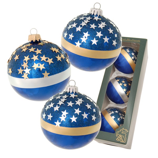 Cobalt Blau glanz 8cm Glaskugelsortiment, mundgeblasen, handbemalt , 3 Stck., Weihnachtsbaumkugeln, Christbaumschmuck, Weihnachtsbaumanhänger