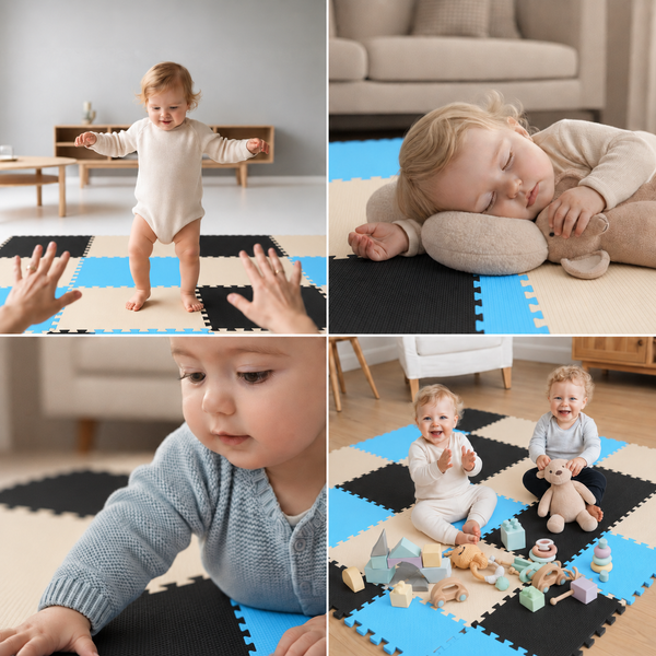 Kleinkind auf einer Puzzlematte aus Schaumstoff mit Spielzeug, in verschiedenen Situationen spielend und ruhend.