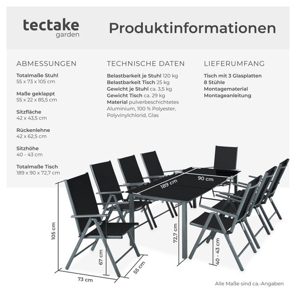 Sitzgruppe tectake Pompeii Tisch mit Sicherheitsglasplatten und Ausgleichsschrauben mit Aluminiumgestell, für 8 Personen anthrazit