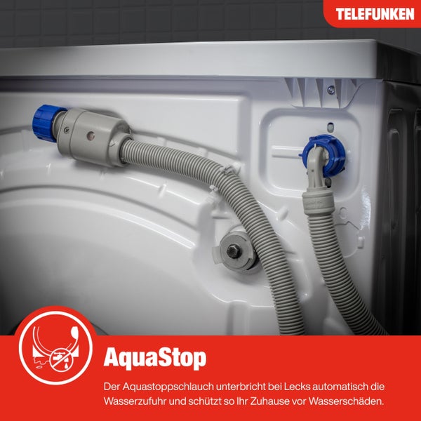 Detailansicht der Wasseranschlüsse an einer Waschmaschine mit Aquastoppschlauch