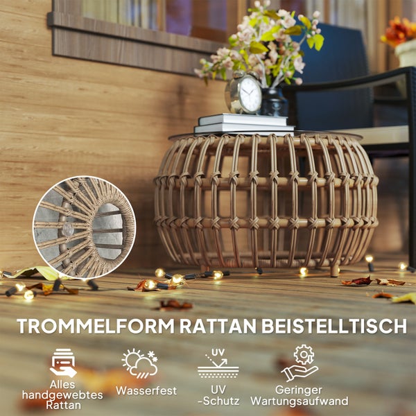 Outsunny 2er Set Beistelltisch Polyrattan Ø66/42 cm rund wetterfest Gartentisch mit Glasplatte Outdoor Balkontisch Couchtisch Gartenmöbel für Garten, Balkon Braun