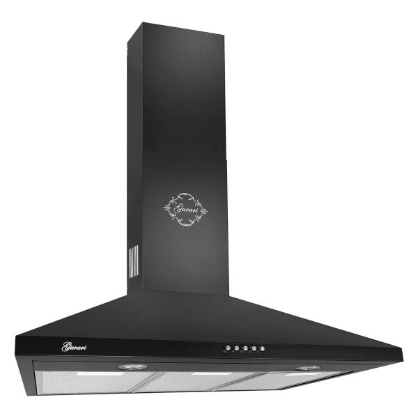 Schwarze Wandhaube von Gurari aus Metall mit Kamin, Drucktasten und integrierter Beleuchtung.