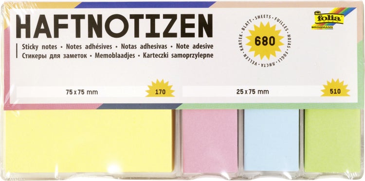 Folia Haftnotizen in Box, je ca. 170 Blatt 1 Klotz 75x75mm + 3 Streifen 25x75mm