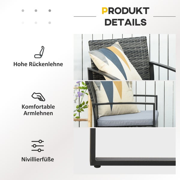 Outsunny 3-tlg. Gartenmöbel-Set, B63 x T57 x H76 cm, PE Polyrattan, Metall, Polyester, grau