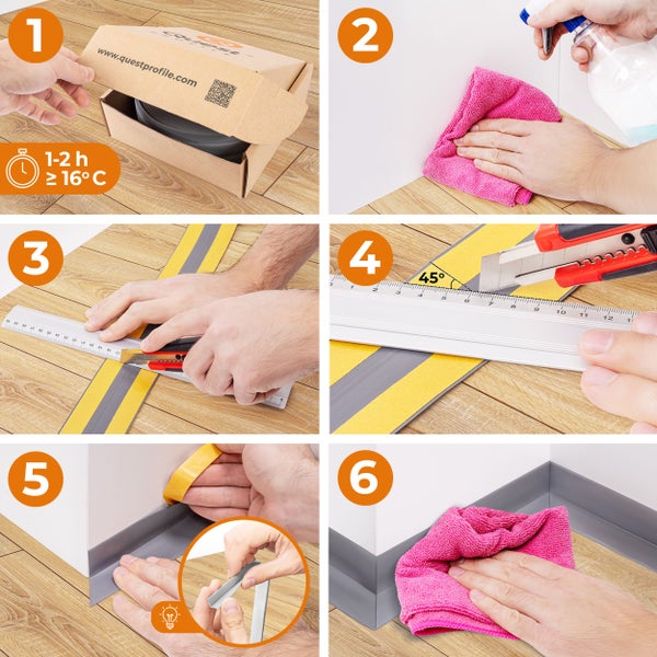 Schritt-für-Schritt-Anleitung zur Montage von selbstklebenden Sockelleisten mit Vorbereitung, Zuschnitt und Anbringung an der Wand.
