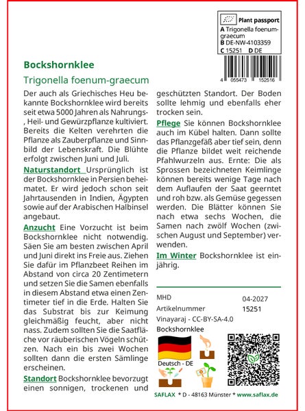 SAFLAX  - Bockshornklee - Trigonella foenum-graecum - 100 Samen