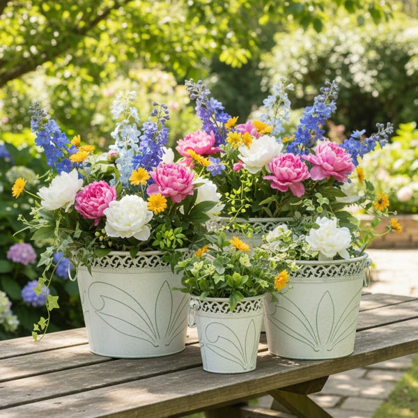 Drei dekorative Metall-Pflanzeimer mit Blumenarrangement aus Pfingstrosen und Rittersporn auf einem Holztisch in einem hellen Garten.