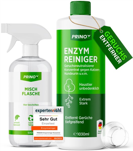 PRINOX® 1030ml Enzymreiniger Konzentrat inkl. Mischflasche I STARKER GERUCHSENTFERNER I Ergibt bis zu 40L Geruchsneutralisierer I Beseitigt Hundeurin, Katzenurin Geruch tiefgreifend uvm. I Made in DE