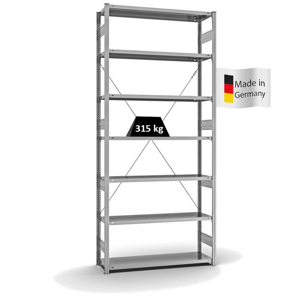 PROREGAL Fachbodenregal Stecksystem T-Profil Heavy-Duty Grundregal HxBxT 300 x 130 x 40 cm 7 Ebenen Fachlast 315 kg Einseitig Nutzbar Verzinkt