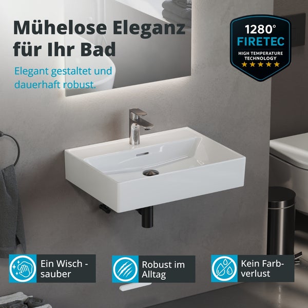 Modernes Wandwaschbecken aus Keramik mit verchromter Armatur. Firetec Hochtemperaturtechnologie bei 1280 Grad, reinigungsfreundlich und robust.
