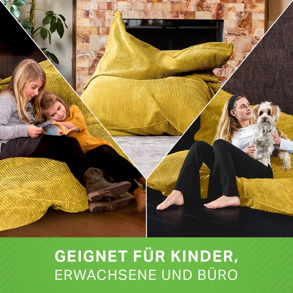 Green Bean XXL Sitzsack aus Cordstoff 370 Liter EPS-Perlen Füllung - Kuschelig Weich Robust & Waschbarem-Stoff Bodenkissen Liegekissen Sitzkissen - Gelb