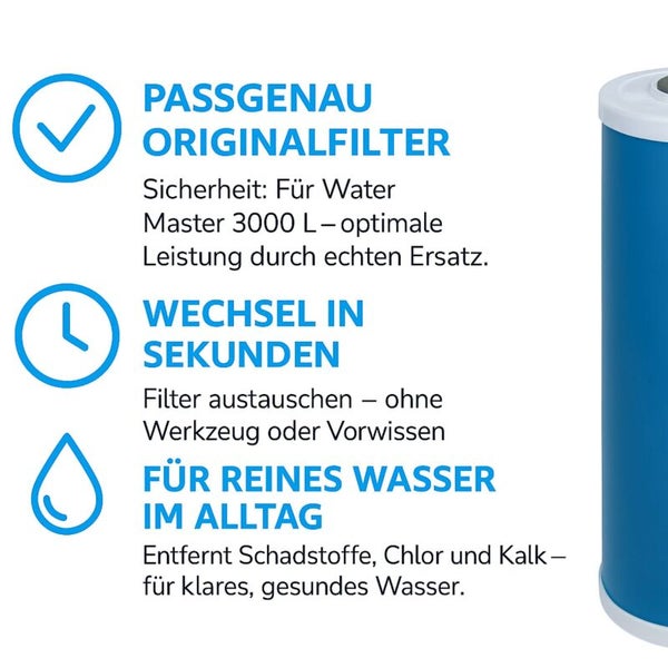 Merkmale des Water Master 3000 Liter Ersatzfilters: passgenaues Original, werkzeugloser Wechsel in Sekunden, entfernt Schadstoffe, Chlor und Kalk.