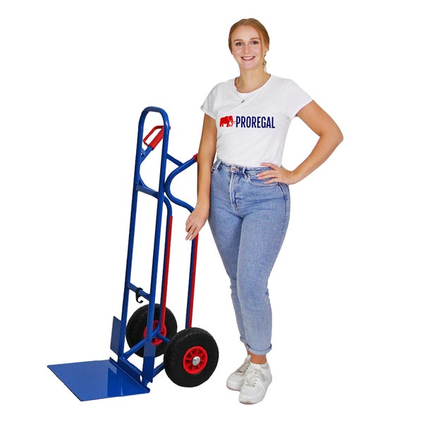 PROREGAL Sackkarre RAGNAR mit XXL klappbarer Schaufel | HxBxT 117x62,5x62cm | Tragkraft 250kg | Pannensichere Räder | Stahl | Blau