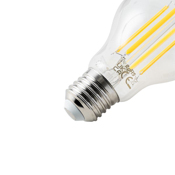 LED-Filament-Leuchtmittel mit E27-Sockel, klarem Glas, sichtbaren Leuchtfäden sowie CE-, UKCA- und RoHS-Kennzeichnung.
