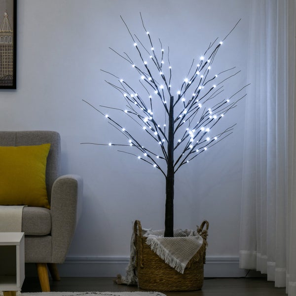 HOMCOM 150 cm Kunstbaum, Birkenbaum mit 96 LED, Kunstschnee, Weihnachtsbaum Birken, Weihnachtsdeko Kunstbirke für Party, Geburtstag, Hochzeit, Braun