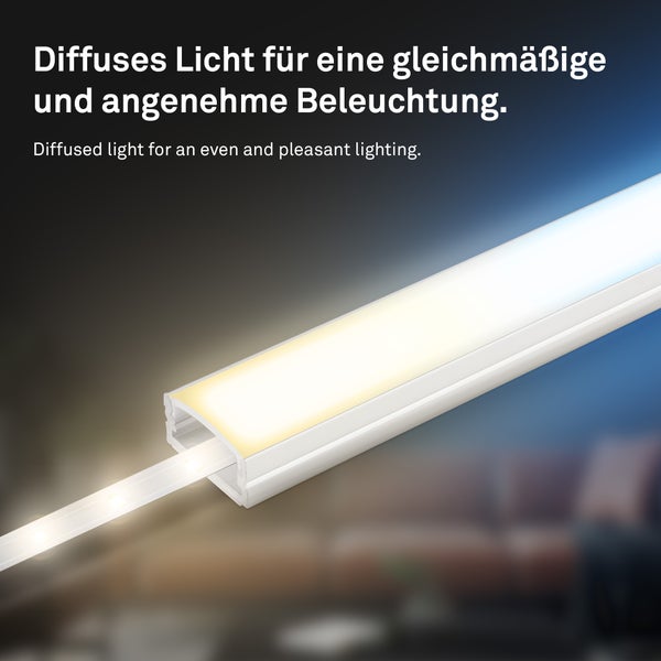 LED-Profil mit Abdeckung für diffuses Licht und eine gleichmäßige Beleuchtung.