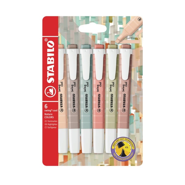 Stabilo swing cool Textmarker Set mit 6 Stiften in Naturfarben. Taschentextmarker mit Clip und 4 Stunden Austrocknungsschutz.