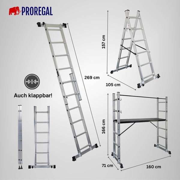 Proregal Logo. Aluminium-Mehrzweckleiter: Anlegeleiter 269 Zentimeter, Stehleiter 157 Zentimeter, Gerüst 166 Zentimeter hoch. Klappbar.