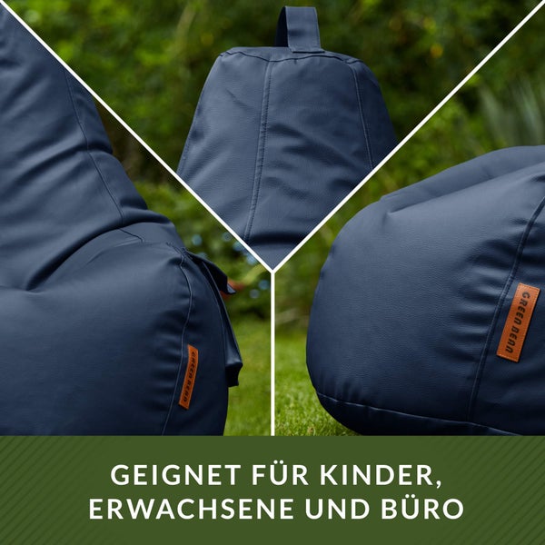 Green Bean Sitzsack aus Kunstleder mit EPS Perlen Füllung - 90 x 80 x 70 cm - Bean Bag Sitzkissen Sitzpuff Sitzsessel Bodenkissen Lounge Gaming Chair Rückenlehne - Dunkelblau